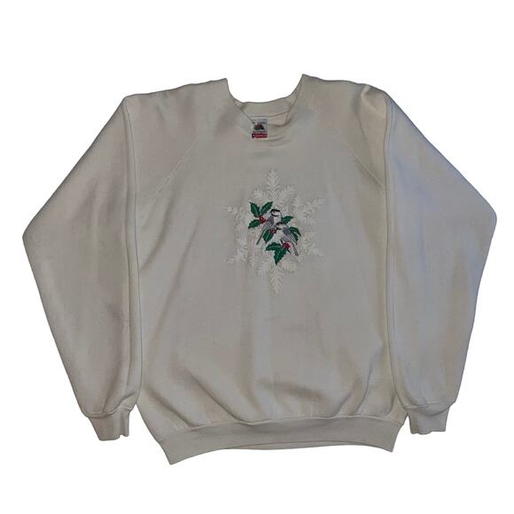 Vintage 90s Cottagecore Christmas Mistletoe Birds Snowflake Crewneck Sweatshirt - Picture 1 of 6